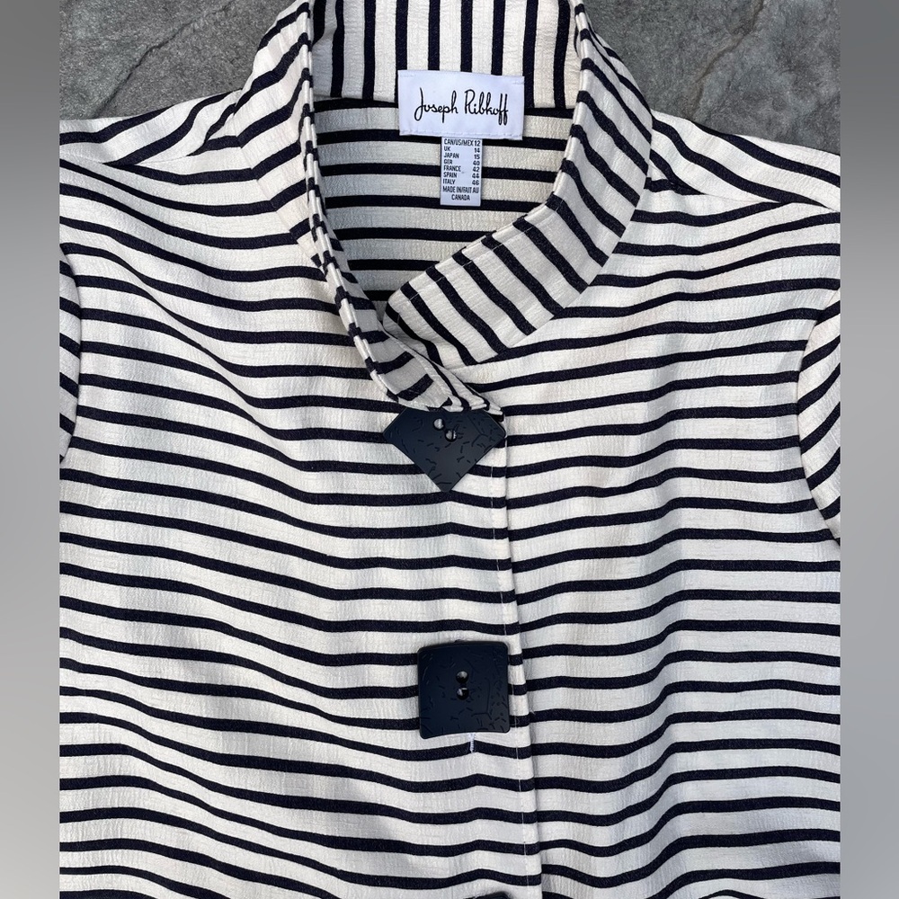 Joseph Ribkoff Black and White Striped Bell-Sleeve Button-Front  jacket - Picture 5 of 11